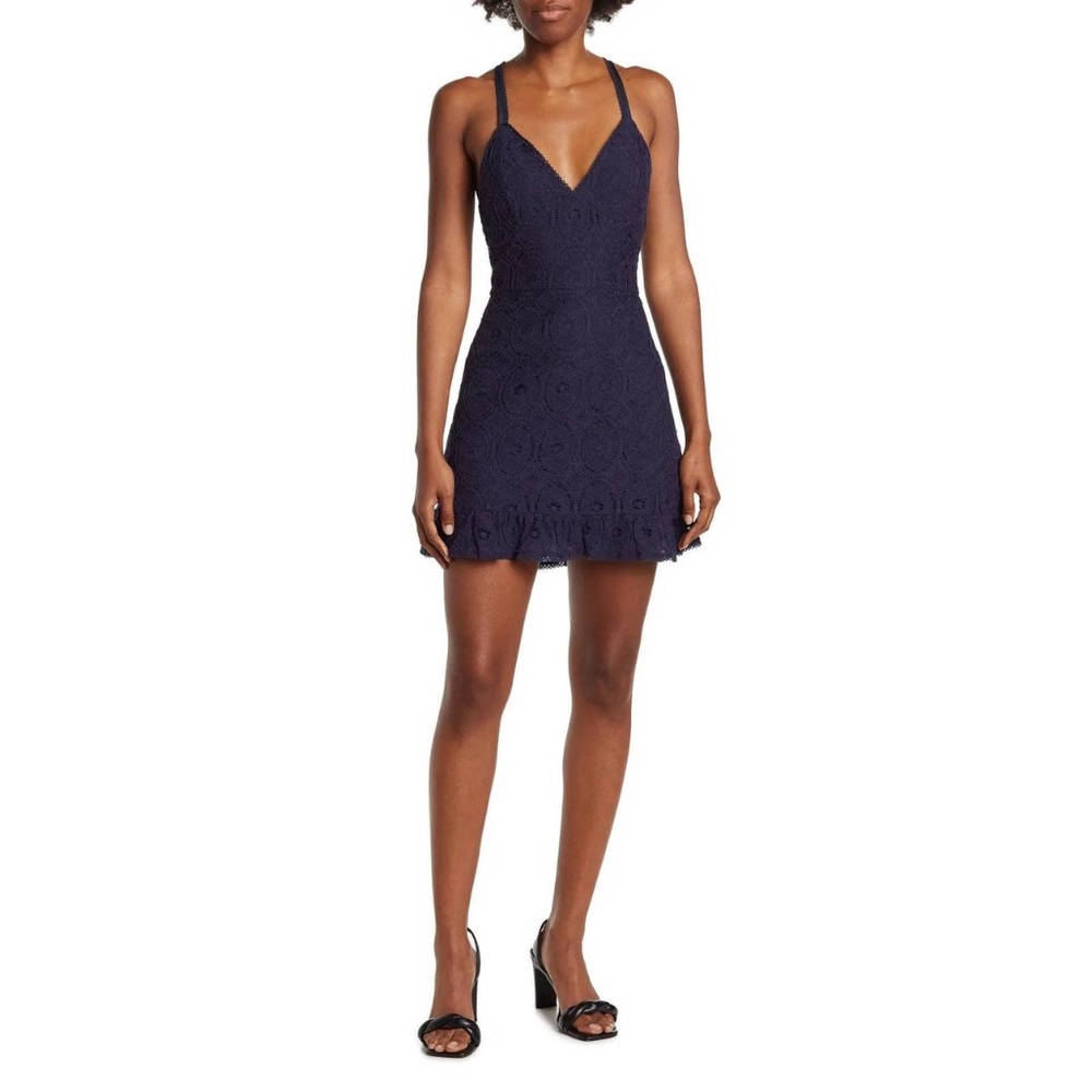 Betsey Johnson Dress Crochet Lace Overlay Strappy Ruffle Hem Navy Size Large